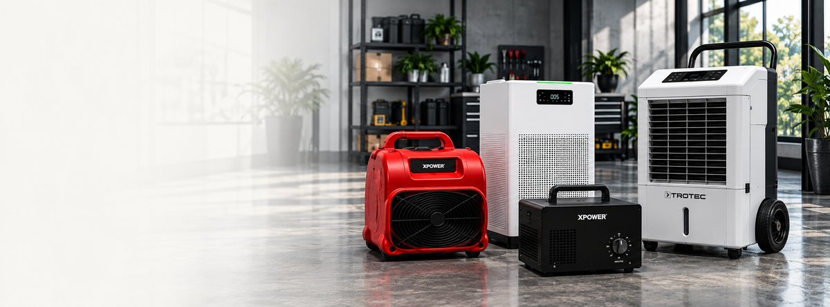 A promotional banner for Bramfords air quality products, featuring several portable devices including a red heater, a white dehumidifier, and a black fan, set against a dark office background with text highlighting 'AIR QUALITY'.