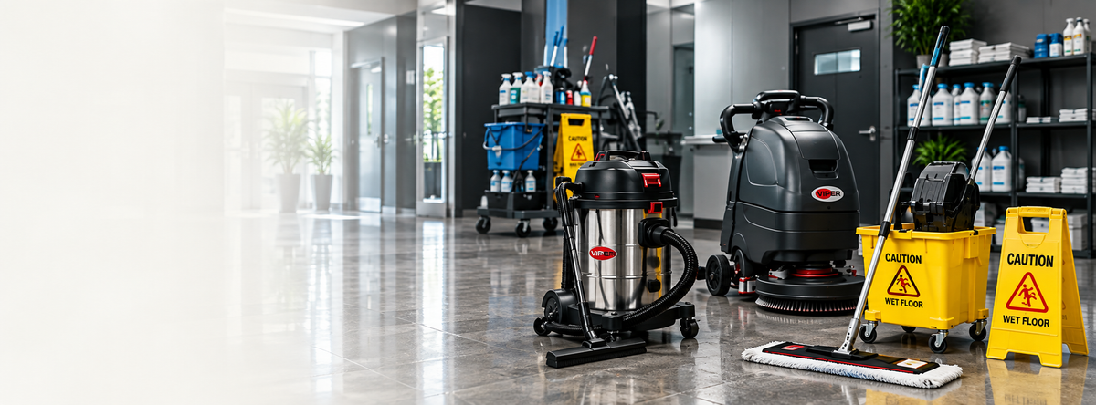 Commercial cleaning equipment including floor scrubber, wet and dry vacuum, mop and cleaning trolley