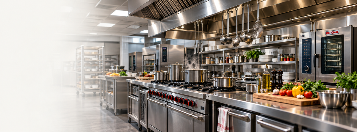 Promotional banner for Bramfords Commercial Kitchen Equipment, featuring a large interior photo of a modern commercial kitchen with stainless steel appliances, cookware, and shelving, alongside marketing text and feature icons.