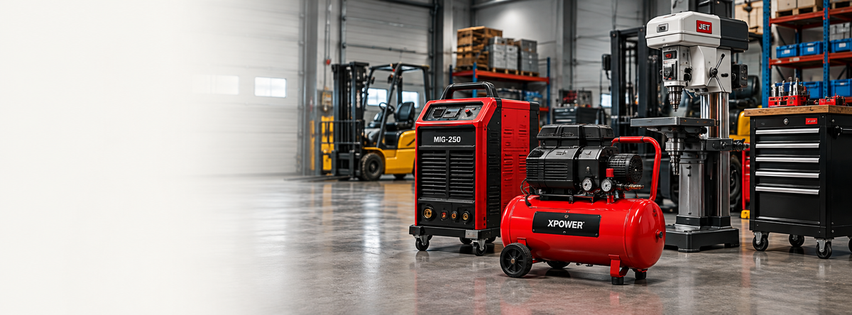 Bramfords industrial equipment promotional banner featuring a red and silver electric mixer, a red industrial fan, and a red heat pump in a dark workshop setting, with branding and feature callouts across the top and bottom.