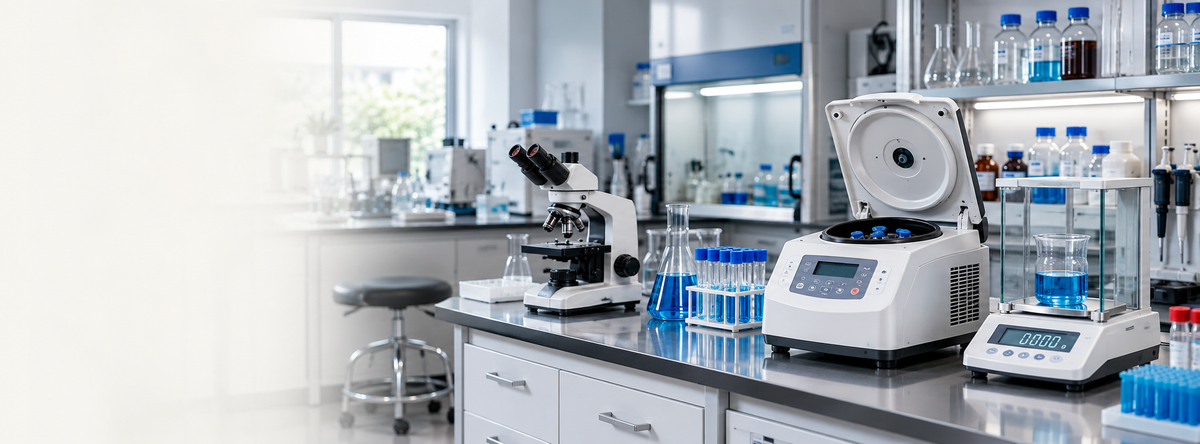 Promotional banner for Bramfords laboratory equipment, featuring a microscope, digital balance, and other lab instruments in a modern laboratory setting with shelves of test tubes and glassware.