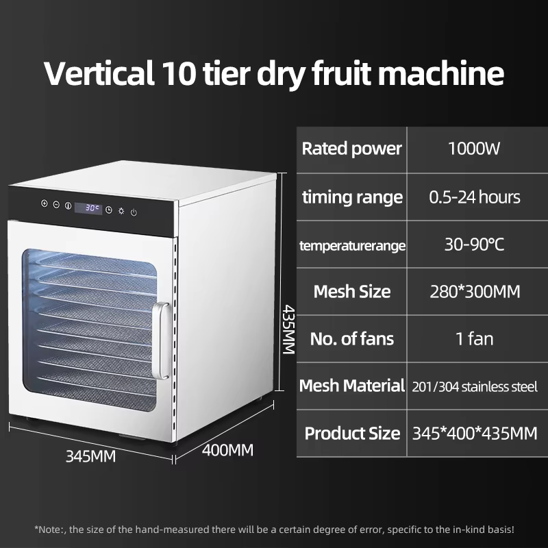 10-tray food dehydrator dimensions showing 345mm width, 400mm depth and 435mm height