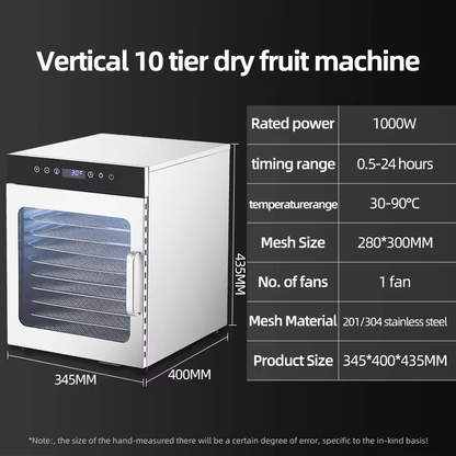 10-tray food dehydrator dimensions showing 345mm width, 400mm depth and 435mm height