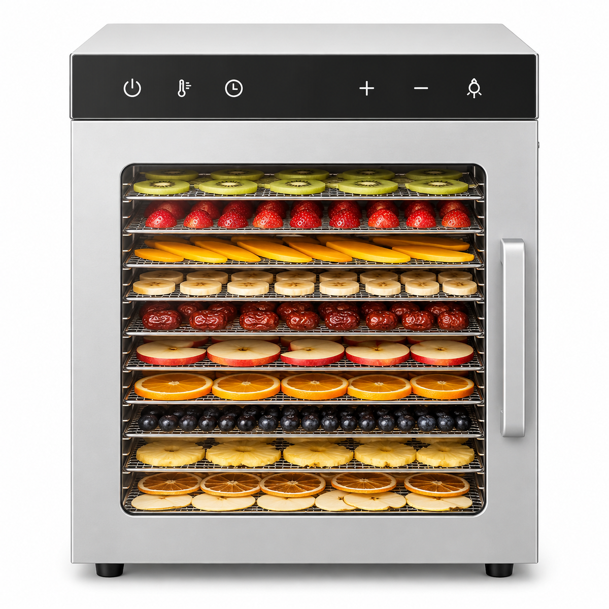 Front view stainless steel fruit dehydrator with glass door showing layered trays of produce