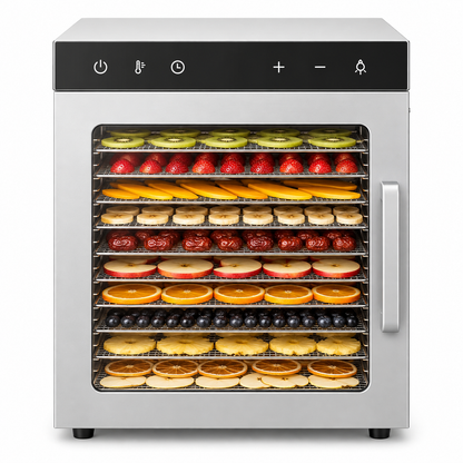 Front view stainless steel fruit dehydrator with glass door showing layered trays of produce
