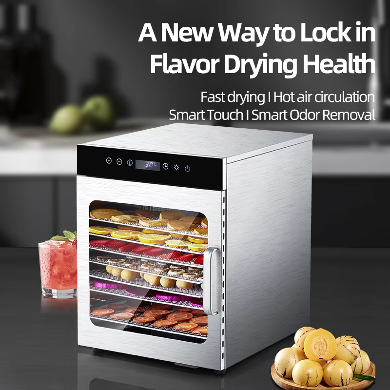 10-tray food dehydrator feature graphic showing hot air circulation, touch controls and food drying