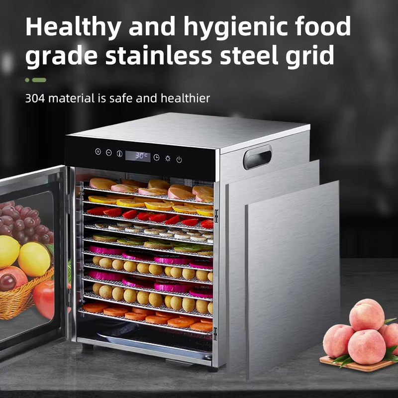 10-tray food dehydrator with open door showing food-grade stainless steel mesh drying racks