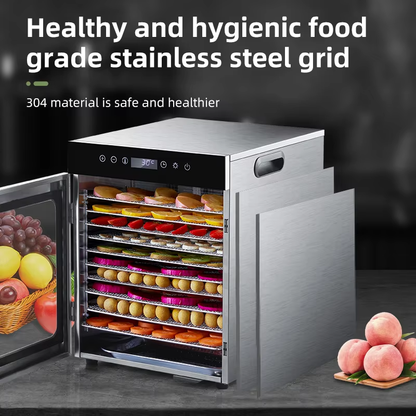 10-tray food dehydrator with open door showing food-grade stainless steel mesh drying racks