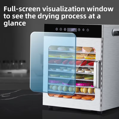 Stainless steel food dehydrator with large viewing window for monitoring the drying process