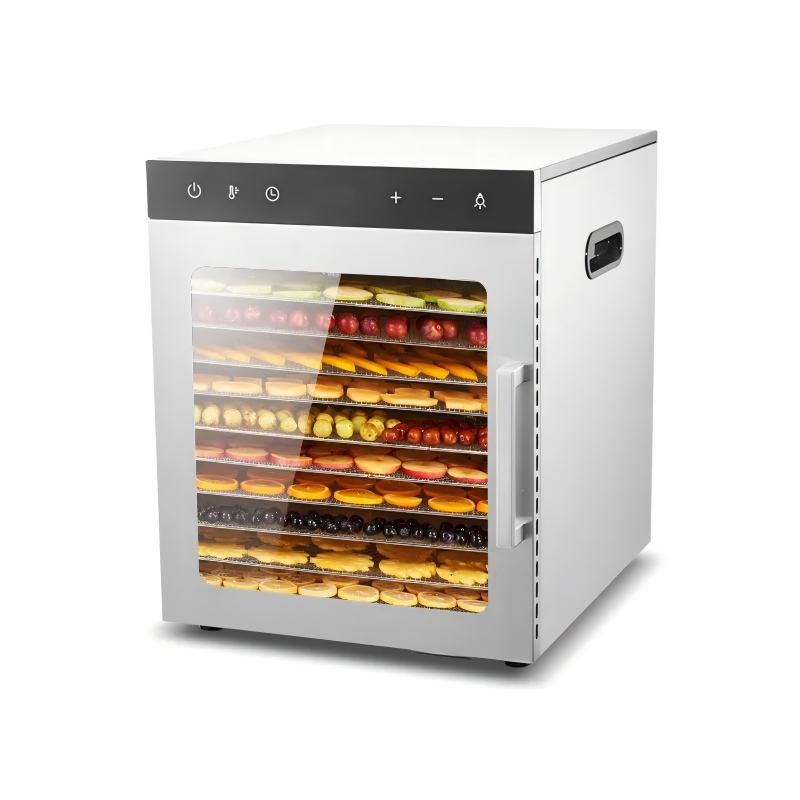 10-tray fruit dehydrator angled view with stainless steel body, glass door and side carry handle