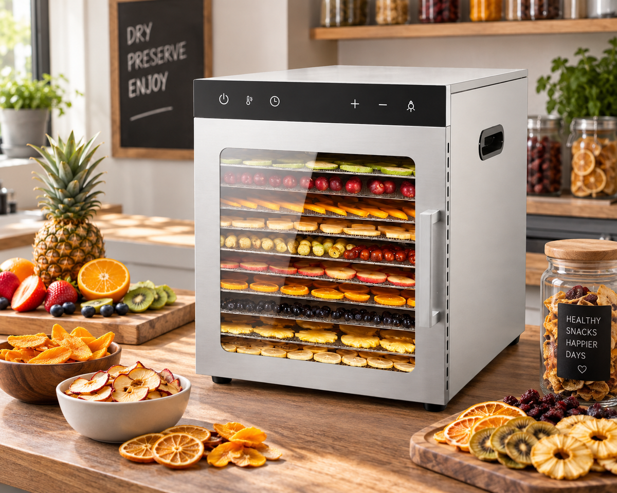 Countertop stainless steel fruit dehydrator with digital control panel and glass door