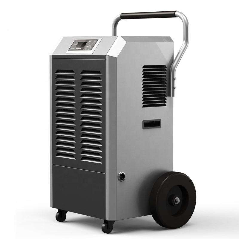 150L/day commercial dehumidifier angled view with metal housing, front air grille and carry handle