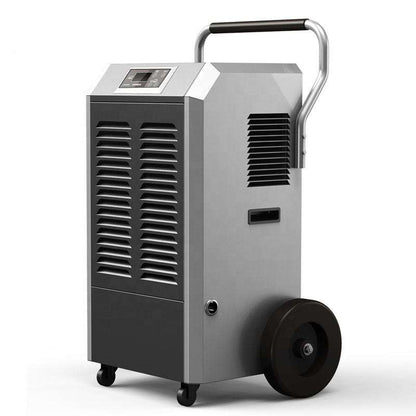 150L/day commercial dehumidifier angled view with metal housing, front air grille and carry handle