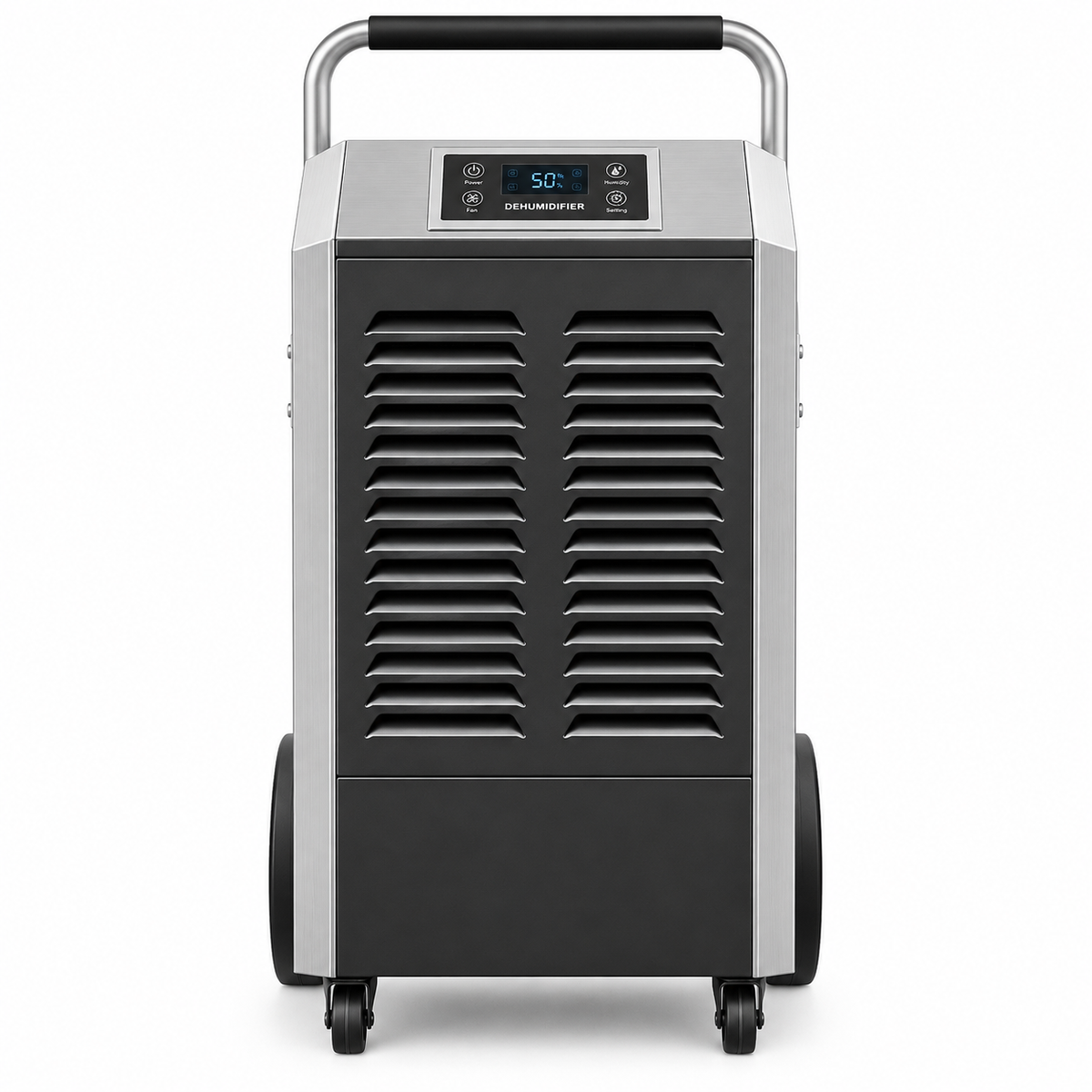 Industrial dehumidifier front with two grille panels, digital display, rolling cart