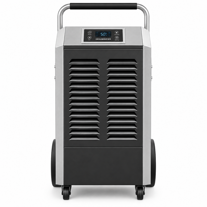 Industrial dehumidifier front with two grille panels, digital display, rolling cart