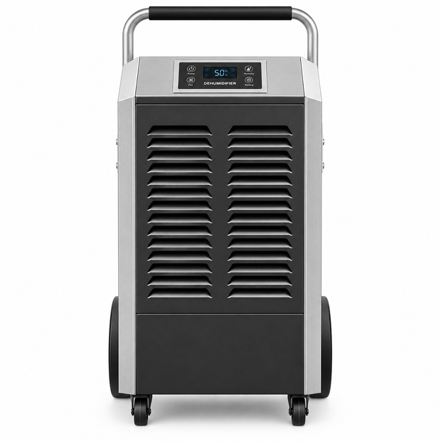 Industrial dehumidifier front with two grille panels, digital display, rolling cart