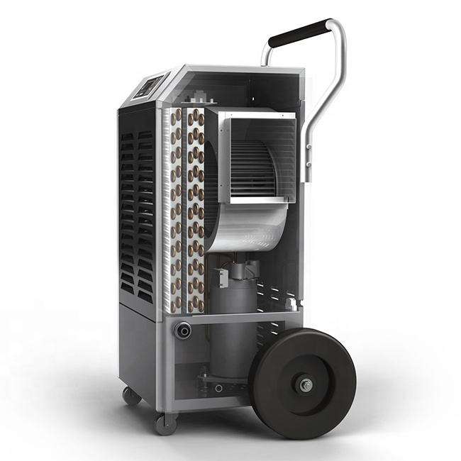 150L/day industrial dehumidifier with open side access panel showing internal fan housing