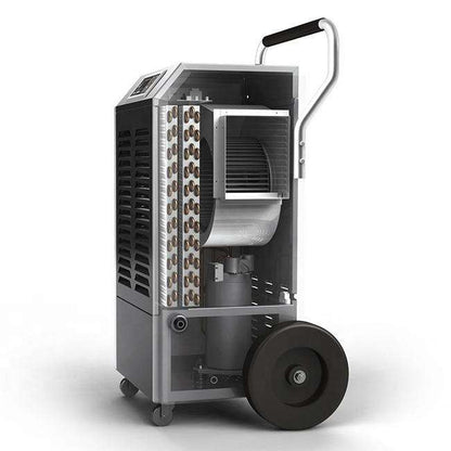 150L/day industrial dehumidifier with open side access panel showing internal fan housing