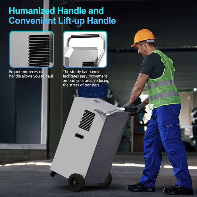 Industrial dehumidifier side view showing recessed ventilation openings and carry handle