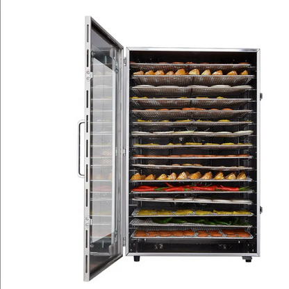 18-tray food dehydrator with open door showing multiple drying racks loaded with fruit and other foods