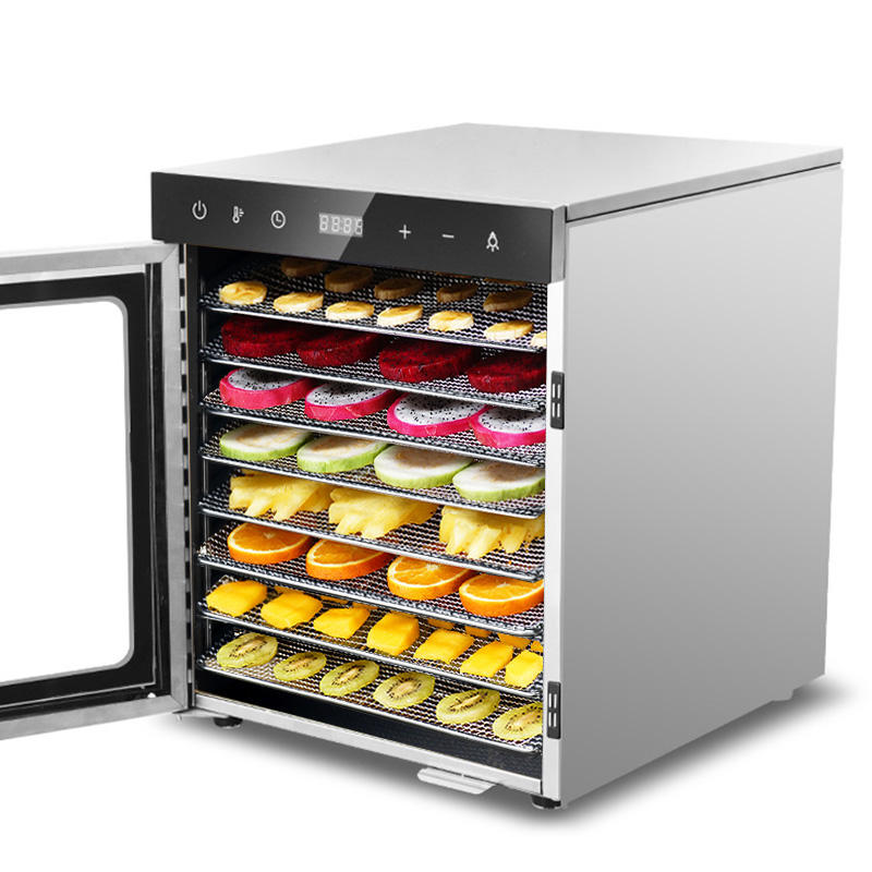 18-tray stainless steel food dehydrator with open door and multiple fruit drying racks
