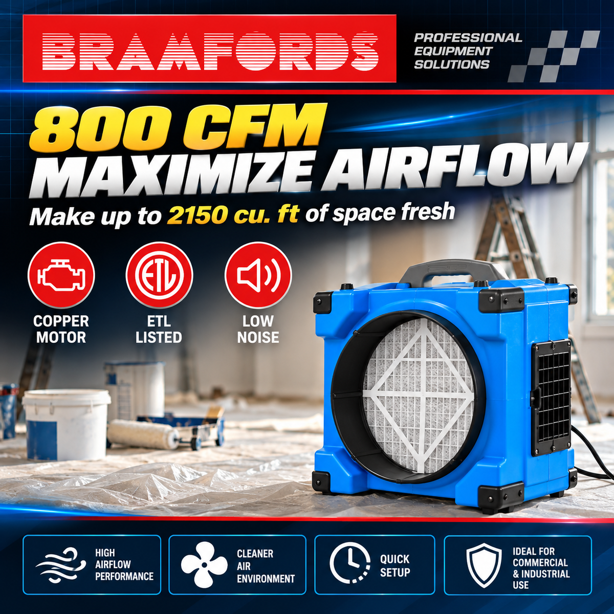 Commercial air scrubber operating in an indoor renovation area for high-capacity air filtration