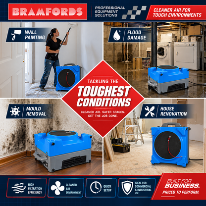 A promotional collage for Bramfords industrial air extraction/drying equipment, showing multiple blue and gray units in use in homes and commercial spaces, with text callouts for wall painting, flood damage, mould removal, and house renovation. The central diamond reads 'Tackling the toughest conditions' and the top-left corner shows the Bramfords brand.