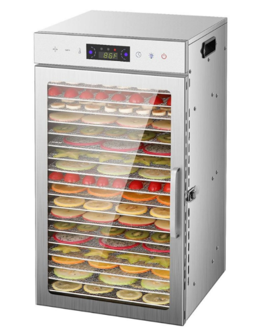 A4 18-tray commercial food dehydrator angled view with stainless steel body and loaded drying racks