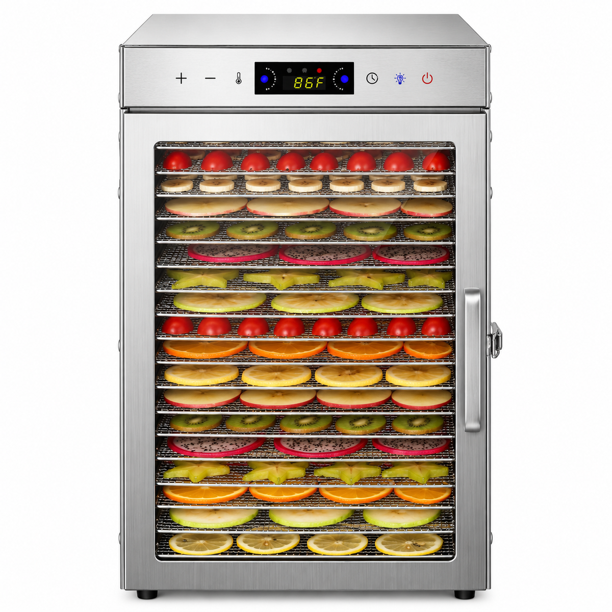 Stainless steel food dehydrator with digital control panel and front-loading drying trays