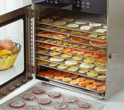 A4 18-tray food dehydrator with open door showing stacked stainless steel mesh drying trays