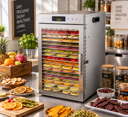 Stainless steel food dehydrator cabinet with front window and stacked drying trays