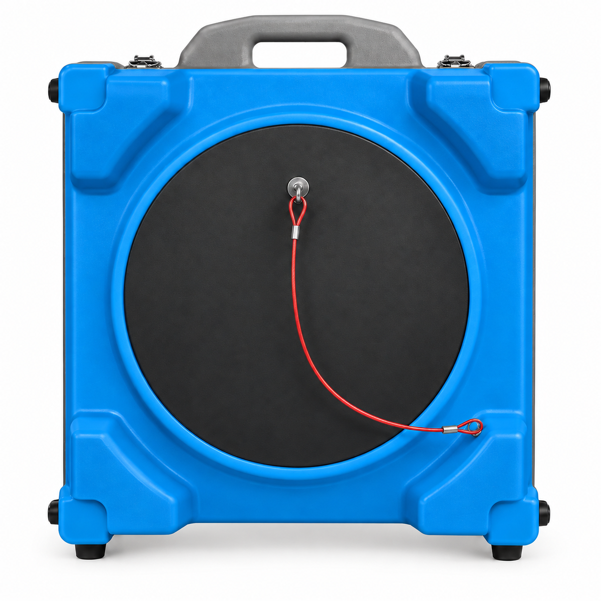 Blue commercial air purifier with front circular filter panel and red cord detail