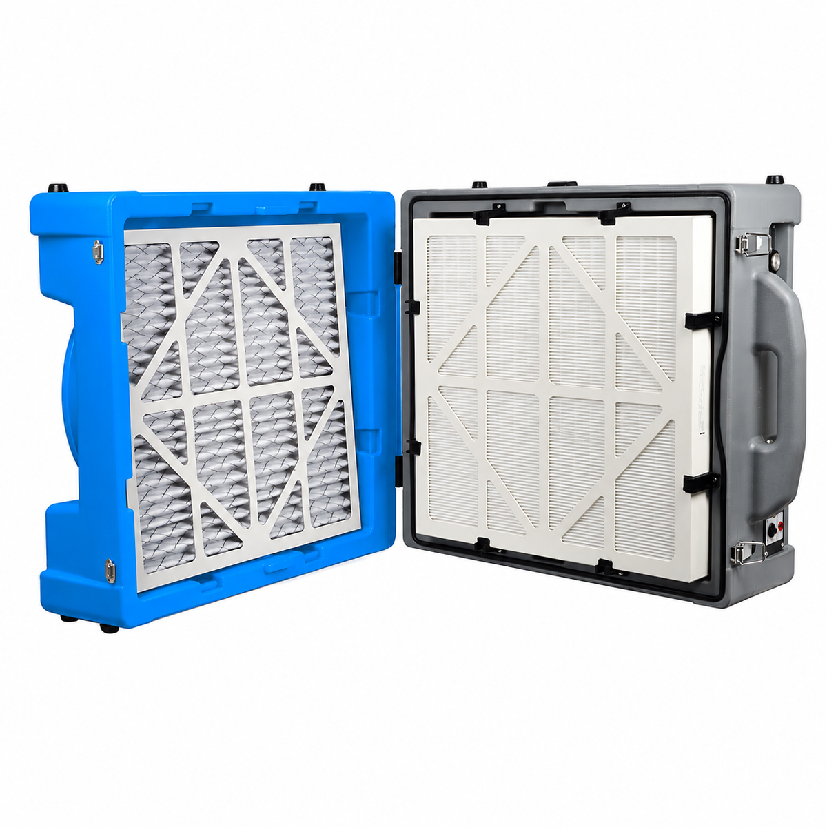 AS110001 HEPA air scrubber with open housing showing the internal air filtration system