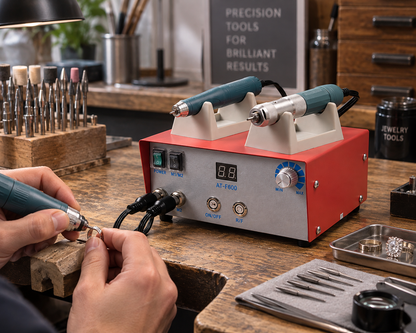 Brushless micro motor polisher with dual collets, teal handpieces on red base unit