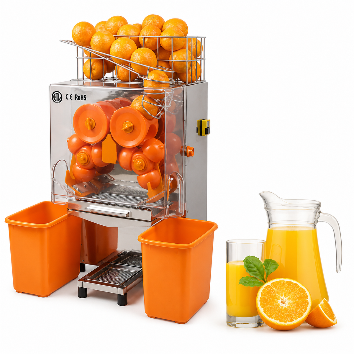 BKN-2000EH automatic orange juicer with oranges, waste bins and freshly extracted orange juice