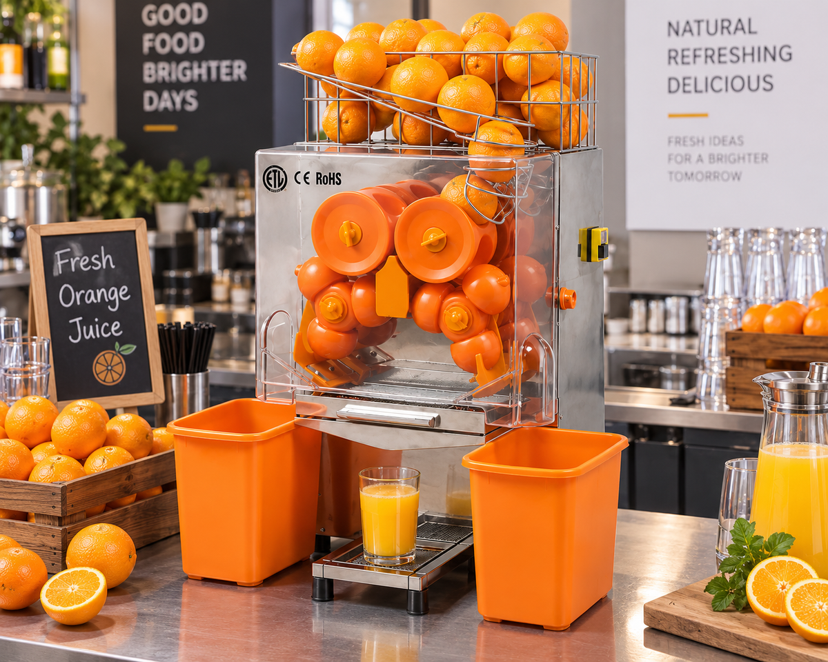 Automatic orange juicer machine with stainless filter and orange juice collection cups