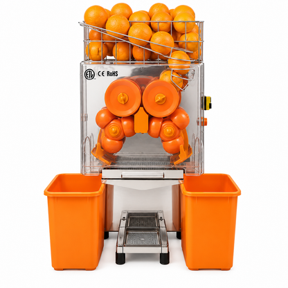 Automatic orange juicer machine with stainless steel filter, orange exterior and two waste bins