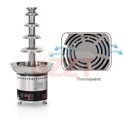 CF6N commercial chocolate fountain base showing ventilation outlet and six-tier fountain assembly