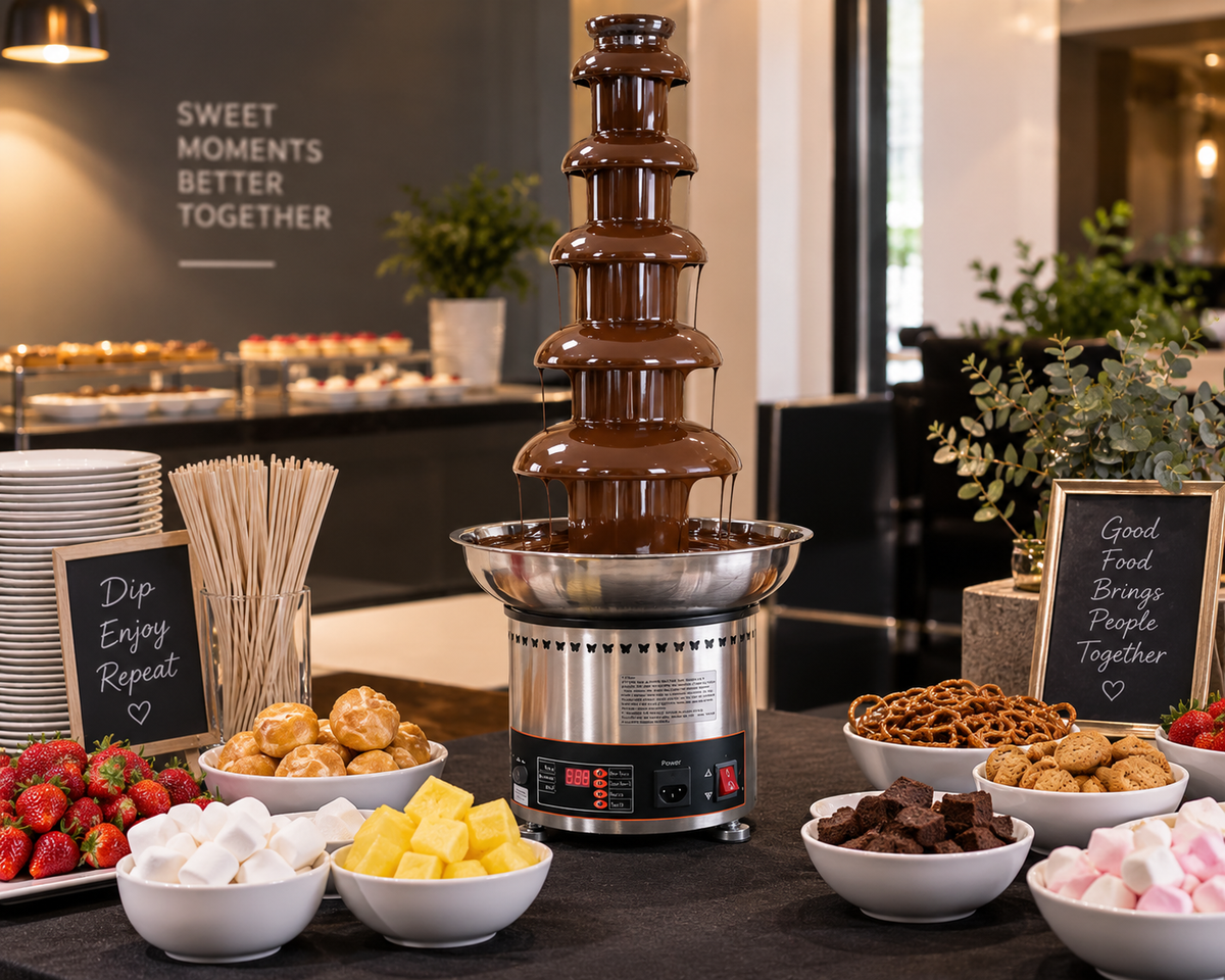 Stainless steel 6-tier chocolate fountain with copper-toned columns and warming base