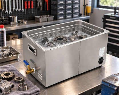 Stainless steel ultrasonic cleaning machine with open tank and mesh basket