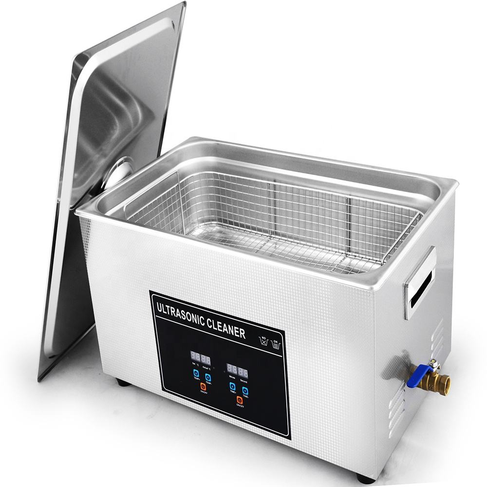 CJ-100S heated ultrasonic cleaner with open lid and wire basket positioned inside the 30L tank