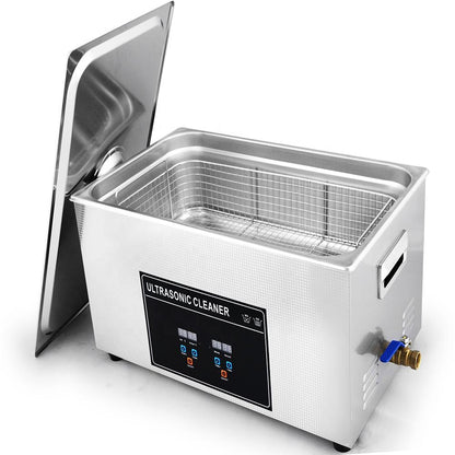 CJ-100S heated ultrasonic cleaner with open lid and wire basket positioned inside the 30L tank