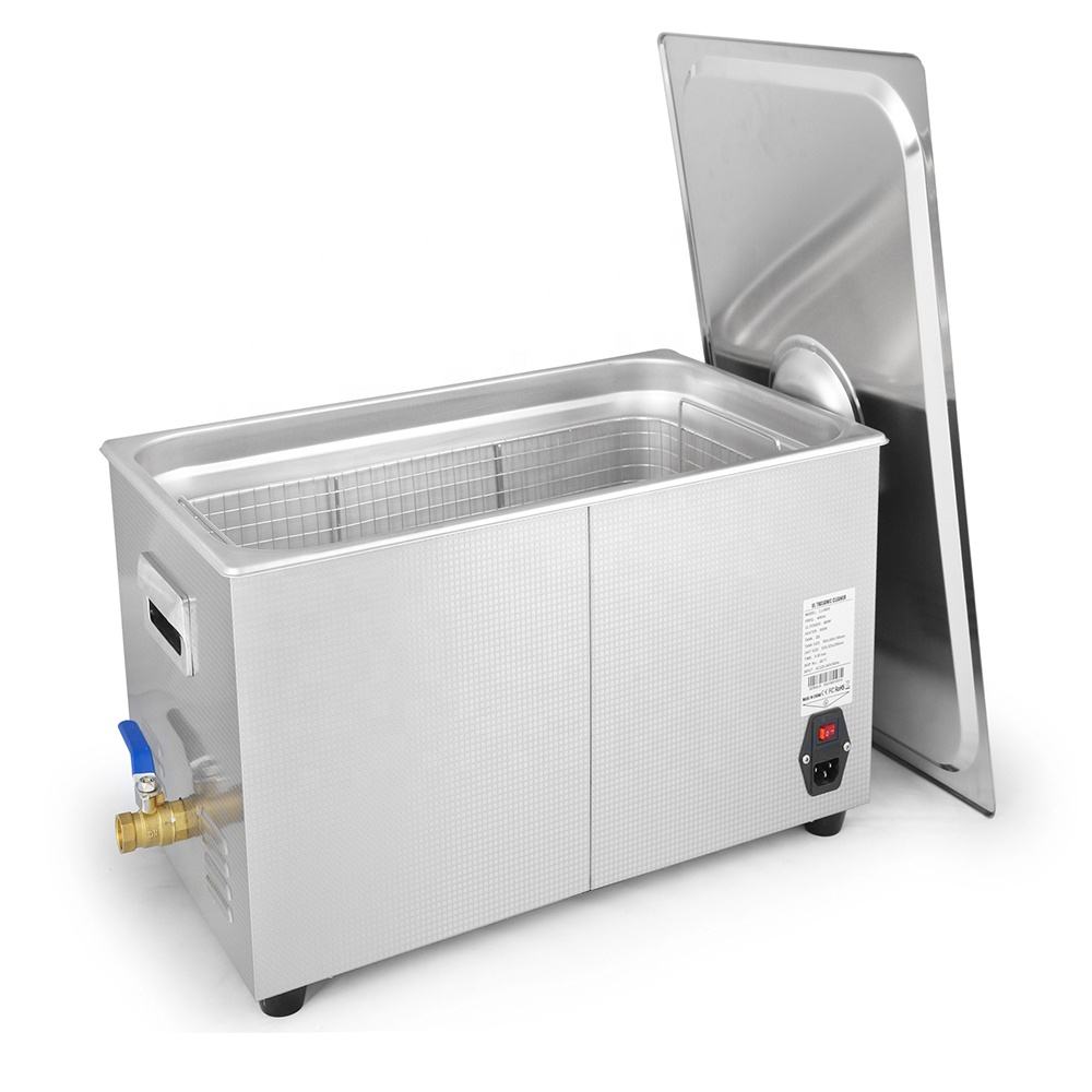 CJ-100S 30L ultrasonic cleaner with open stainless steel tank, cleaning basket and side drain valve