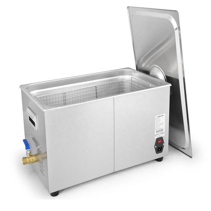 CJ-100S 30L ultrasonic cleaner with open stainless steel tank, cleaning basket and side drain valve