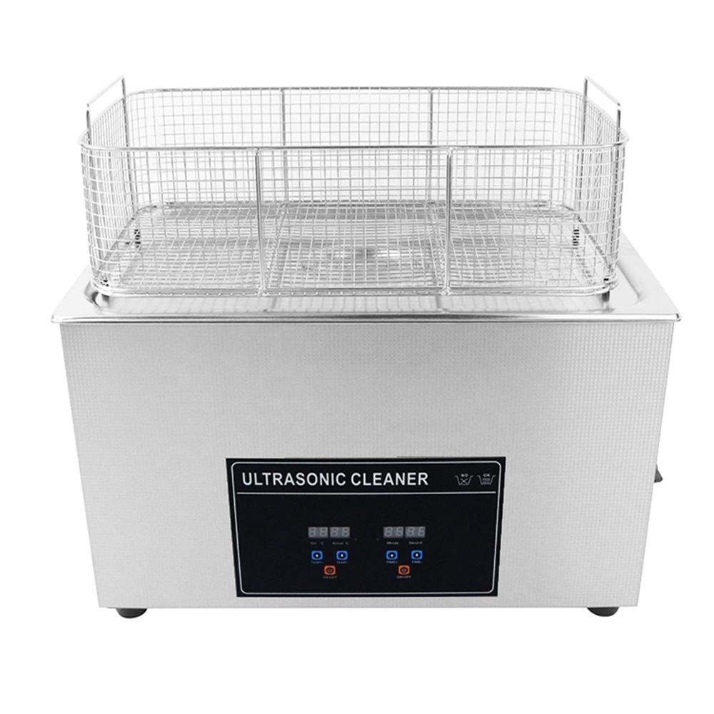 CJ-100S heated ultrasonic cleaner showing SUS304 stainless steel tank and metal cleaning basket