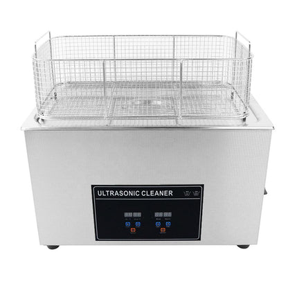 CJ-100S heated ultrasonic cleaner showing SUS304 stainless steel tank and metal cleaning basket