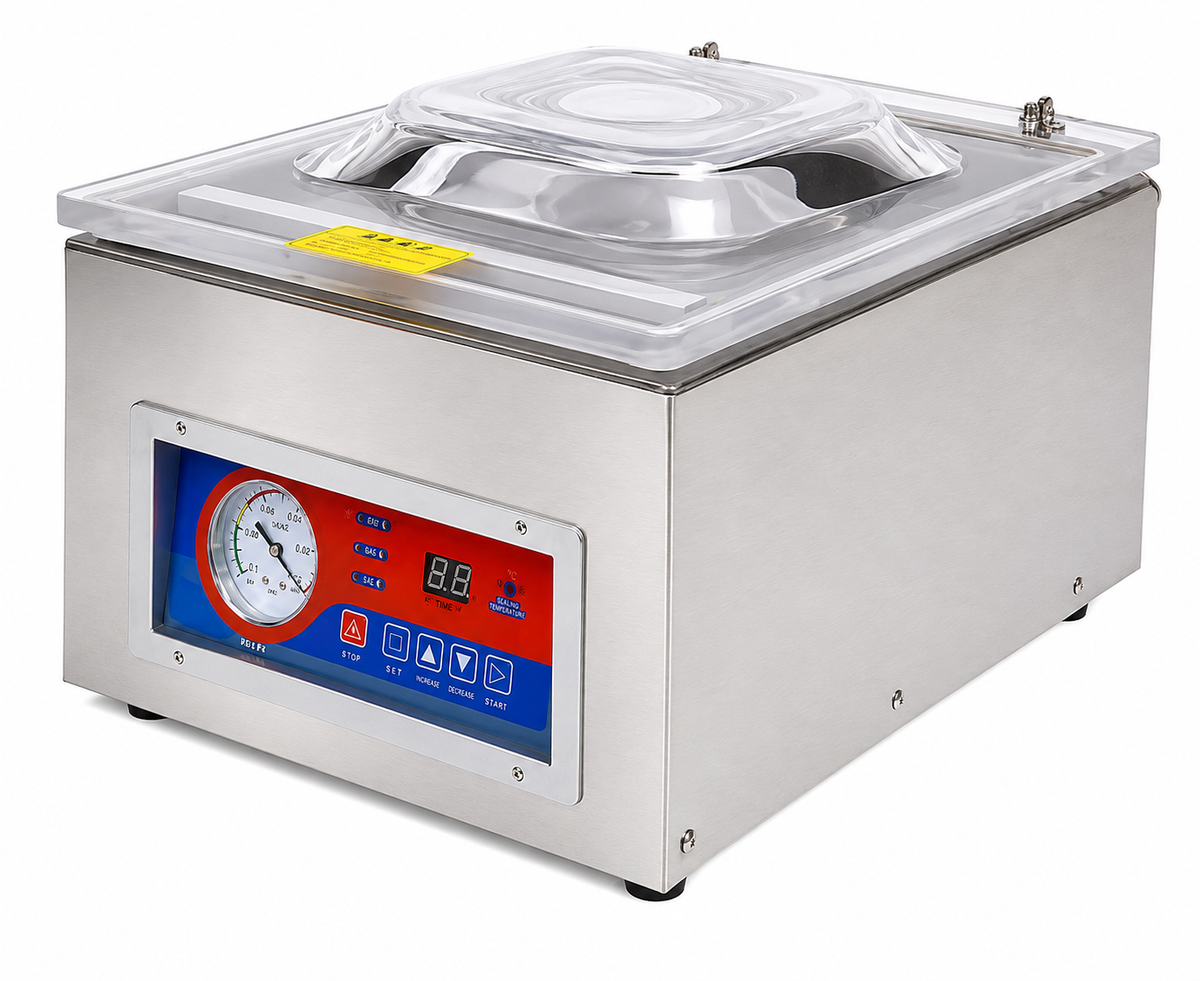 Commercial vacuum food sealer machine with blue display and vacuum gauge on front