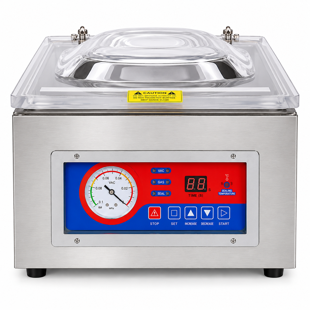 Stainless vacuum food sealer with front control panel, gauge, and digital display
