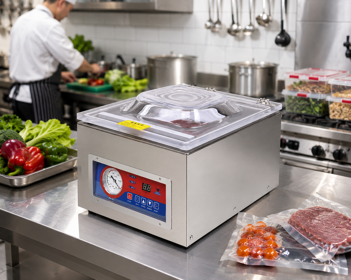 Commercial vacuum food sealer in use sealing plastic bags on a stainless countertop