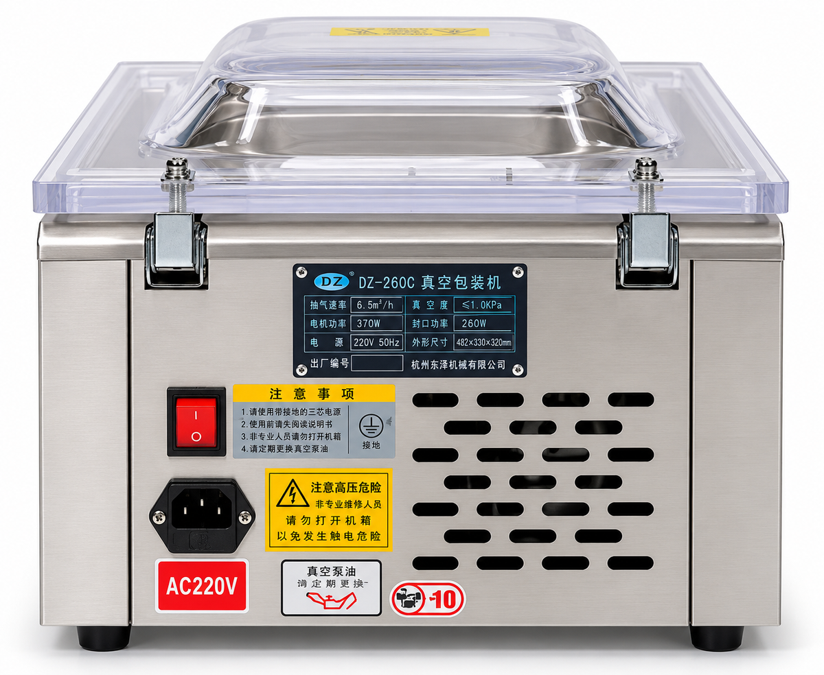 Commercial vacuum sealer machine rear control panel with power switch and ventilation vents